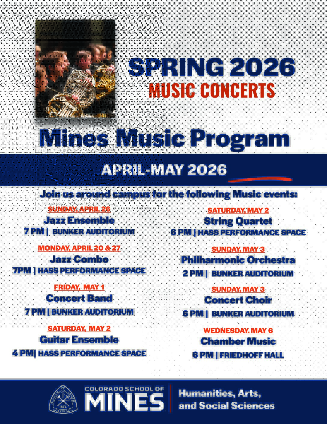 Flyer for Fall 2025 Music Concerts. Concerts are also listed on events page. 